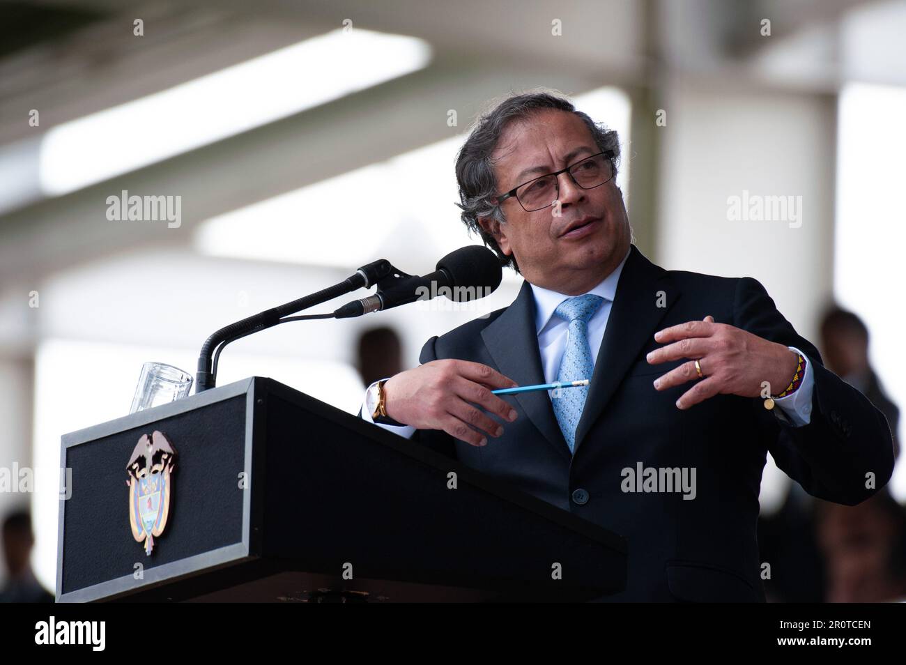 Bogota, Colombia. 09th May, 2023. Colombia's president Gustavo Petro gives a speach during the ceremony of the new Colombian Police Director William Rene Salamanca at the General Santander Police Academy in Bogota, Colombia. May 9, 2023. Photo by: Chepa Beltran/Long Visual Press Credit: Long Visual Press/Alamy Live News Stock Photo