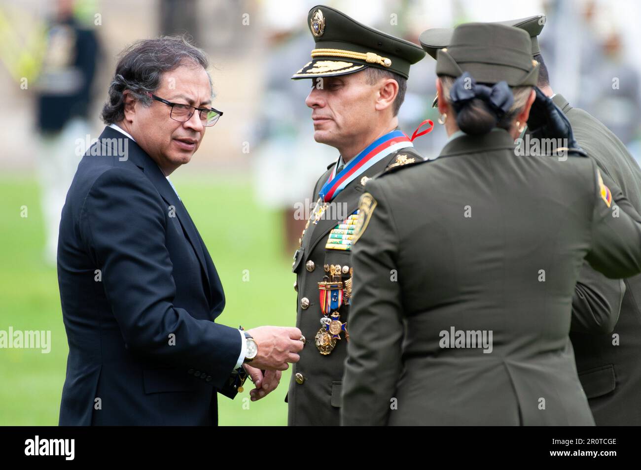 Bogota, Colombia. 09th May, 2023. Colombian police outgoing director, general Henry Sanabria Cely receives condecorations from Colombian president Gustavo Petro during the ceremony of the new Colombian Police Director William Rene Salamanca at the General Santander Police Academy in Bogota, Colombia. May 9, 2023. Photo By: Cristian Bayona/Long Visual Press Credit: Long Visual Press/Alamy Live News Stock Photo