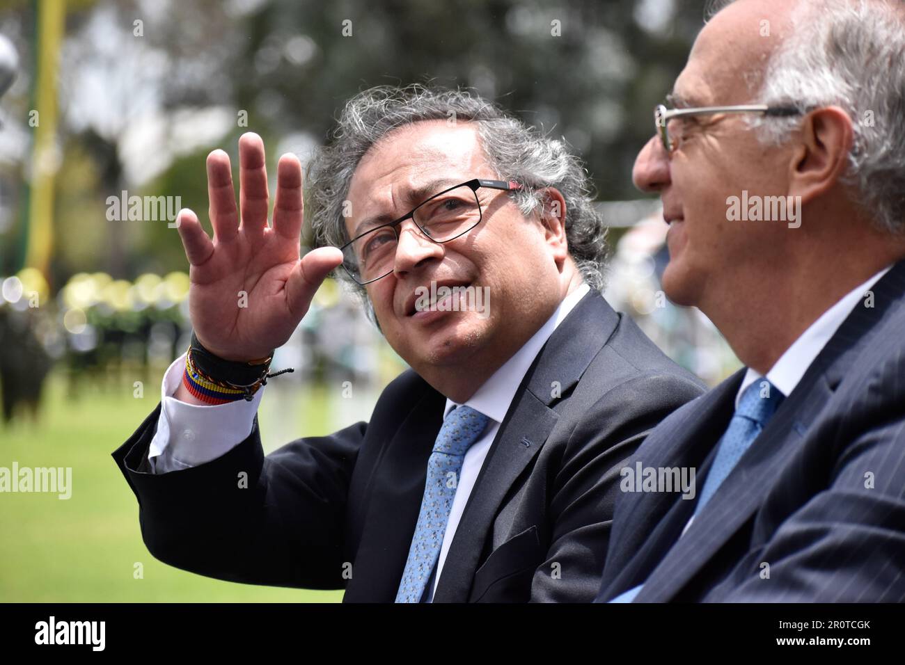 Bogota, Colombia. 09th May, 2023. Colombian president Gustavo Petro waves during the ceremony of the new Colombian Police Director William Rene Salamanca at the General Santander Police Academy in Bogota, Colombia. May 9, 2023. Photo By: Cristian Bayona/Long Visual Press Credit: Long Visual Press/Alamy Live News Stock Photo