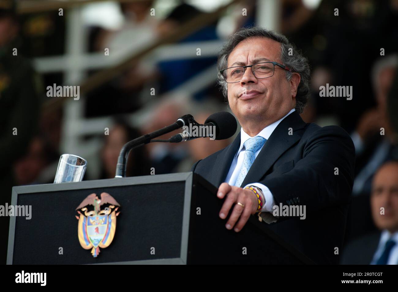 Bogota, Colombia. 09th May, 2023. Colombia's president Gustavo Petro gives a speach during the ceremony of the new Colombian Police Director William Rene Salamanca at the General Santander Police Academy in Bogota, Colombia. May 9, 2023. Photo by: Chepa Beltran/Long Visual Press Credit: Long Visual Press/Alamy Live News Stock Photo