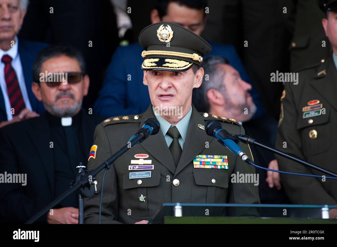 Bogota, Colombia. 09th May, 2023. Colombia's new police director Mayor General William Rene Salamanca speaks during the ceremony of the new Colombian Police Director William Rene Salamanca at the General Santander Police Academy in Bogota, Colombia. May 9, 2023. Photo By: Chepa Beltran/Long Visual Press Credit: Long Visual Press/Alamy Live News Stock Photo