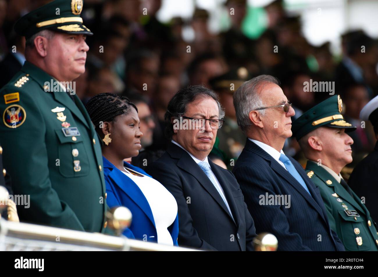 Bogota, Colombia. 09th May, 2023. Colombian vice-president Francia Marquez (L) President Gustavo Petro (C) and defense minister Ivan Velasquez (R) during the ceremony of the new Colombian Police Director William Rene Salamanca at the General Santander Police Academy in Bogota, Colombia. May 9, 2023. Photo by: Chepa Beltran/Long Visual Press Credit: Long Visual Press/Alamy Live News Stock Photo