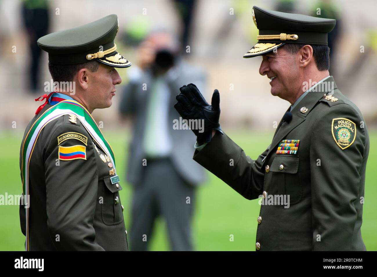 Bogota, Colombia. 09th May, 2023. Colombia's new police director mayor General William Rene Salamanca, salutes the outgoing general Henry Sanabria during the ceremony of the new Colombian Police Director William Rene Salamanca at the General Santander Police Academy in Bogota, Colombia. May 9, 2023. Photo by: Chepa Beltran/Long Visual Press Credit: Long Visual Press/Alamy Live News Stock Photo