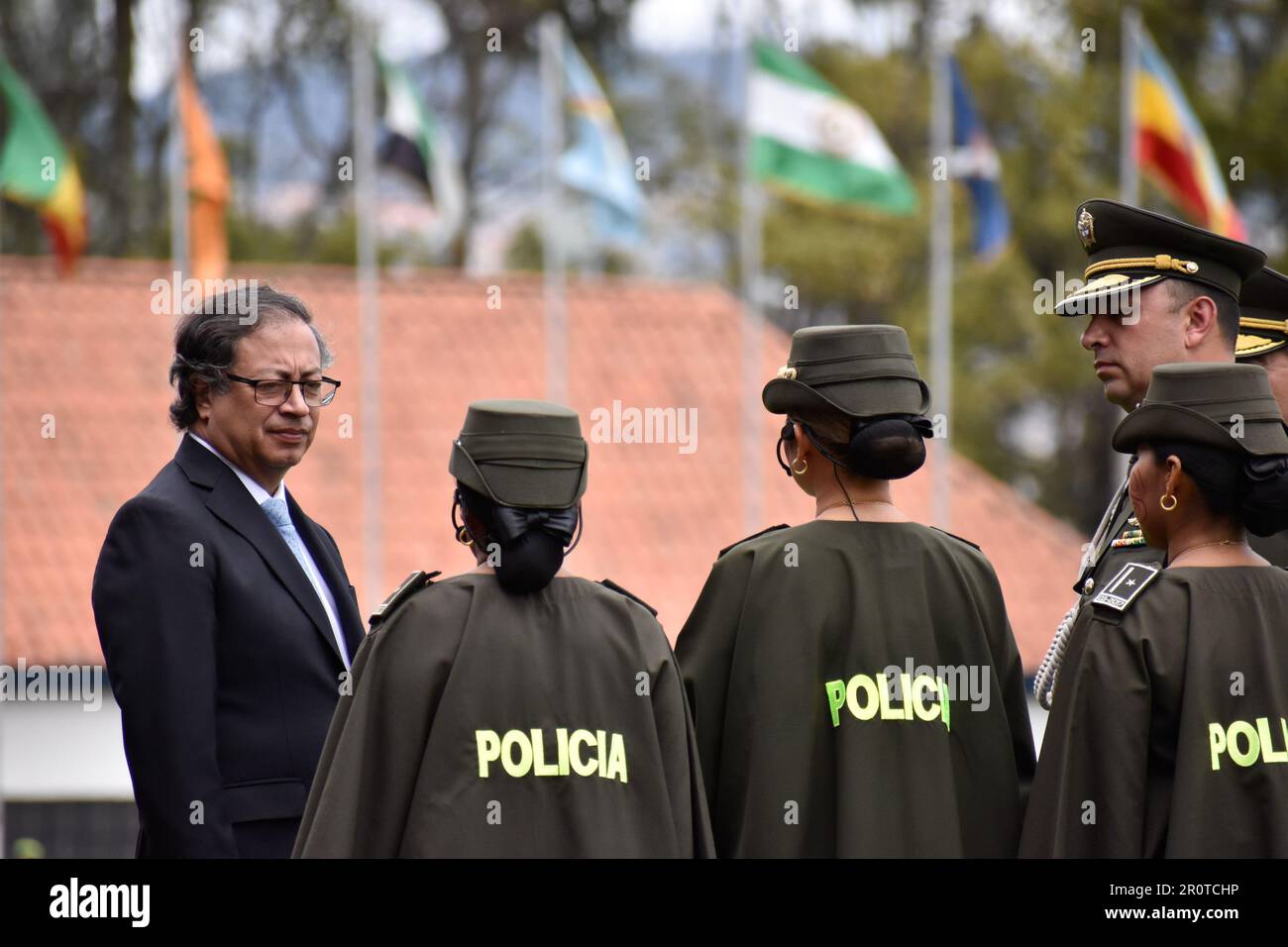 Bogota, Colombia. 09th May, 2023. Colombia's president Gustavo Petro speaks with members of Colombia's indigenous police members during the ceremony of the new Colombian Police Director William Rene Salamanca at the General Santander Police Academy in Bogota, Colombia. May 9, 2023. Photo By: Cristian Bayona/Long Visual Press Credit: Long Visual Press/Alamy Live News Stock Photo