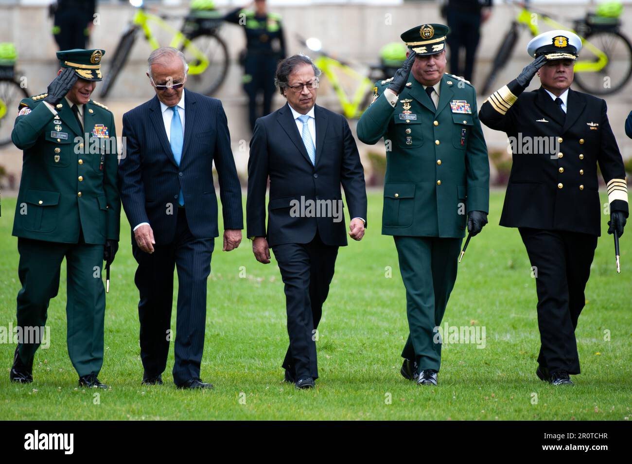 Bogota, Colombia. 09th May, 2023. Colombian president Gustavo Petro marches along miniser of defense Ivan Velasquez and the Joint Chiefs of Staff during the ceremony of the new Colombian Police Director William Rene Salamanca at the General Santander Police Academy in Bogota, Colombia. May 9, 2023. Photo by: Chepa Beltran/Long Visual Press Credit: Long Visual Press/Alamy Live News Stock Photo