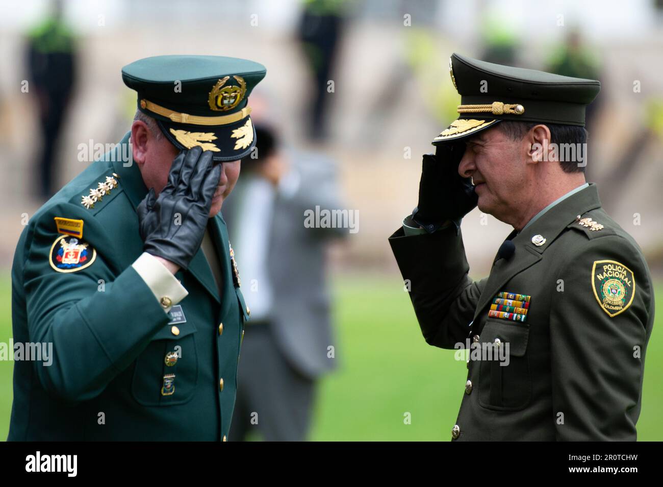 Bogota, Colombia. 09th May, 2023. Colombia's joint chief of staff army general Helder Fernan Giraldo salutes new police director William Rene Salamanca during the ceremony of the new Colombian Police Director William Rene Salamanca at the General Santander Police Academy in Bogota, Colombia. May 9, 2023. Photo by: Chepa Beltran/Long Visual Press Credit: Long Visual Press/Alamy Live News Stock Photo