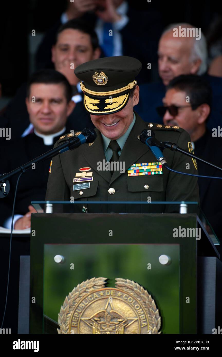 Bogota, Colombia. 09th May, 2023. Colombia's new police director Mayor General William Rene Salamanca speaks during the ceremony of the new Colombian Police Director William Rene Salamanca at the General Santander Police Academy in Bogota, Colombia. May 9, 2023. Photo By: Chepa Beltran/Long Visual Press Credit: Long Visual Press/Alamy Live News Stock Photo