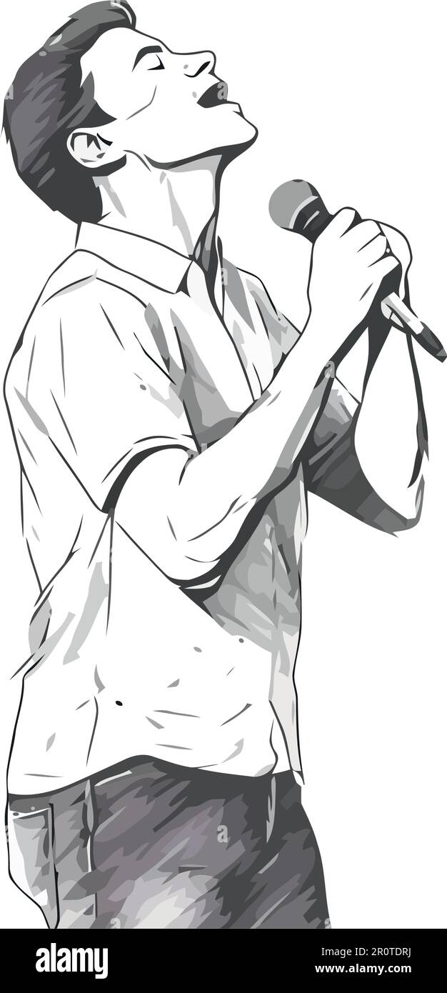 One person holding microphone, singing on stage isolated Stock Vector