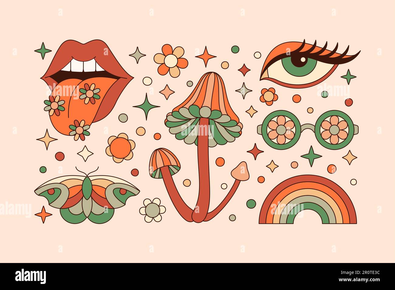 Groovy Elements Set in Retro Hippie Style 70s . Geometric Abstract Vector Stickers: Lips, Eye, Butterfly, Rainbow, Daisy Flower, Mushroom Stock Vector