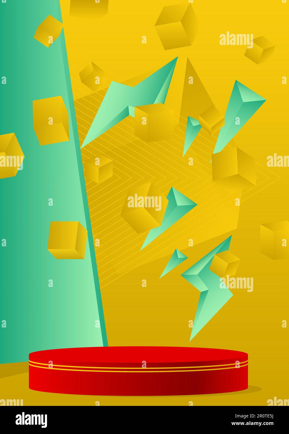 Red, yellow and turquoise cylinder pedestal podium. Abstract stage