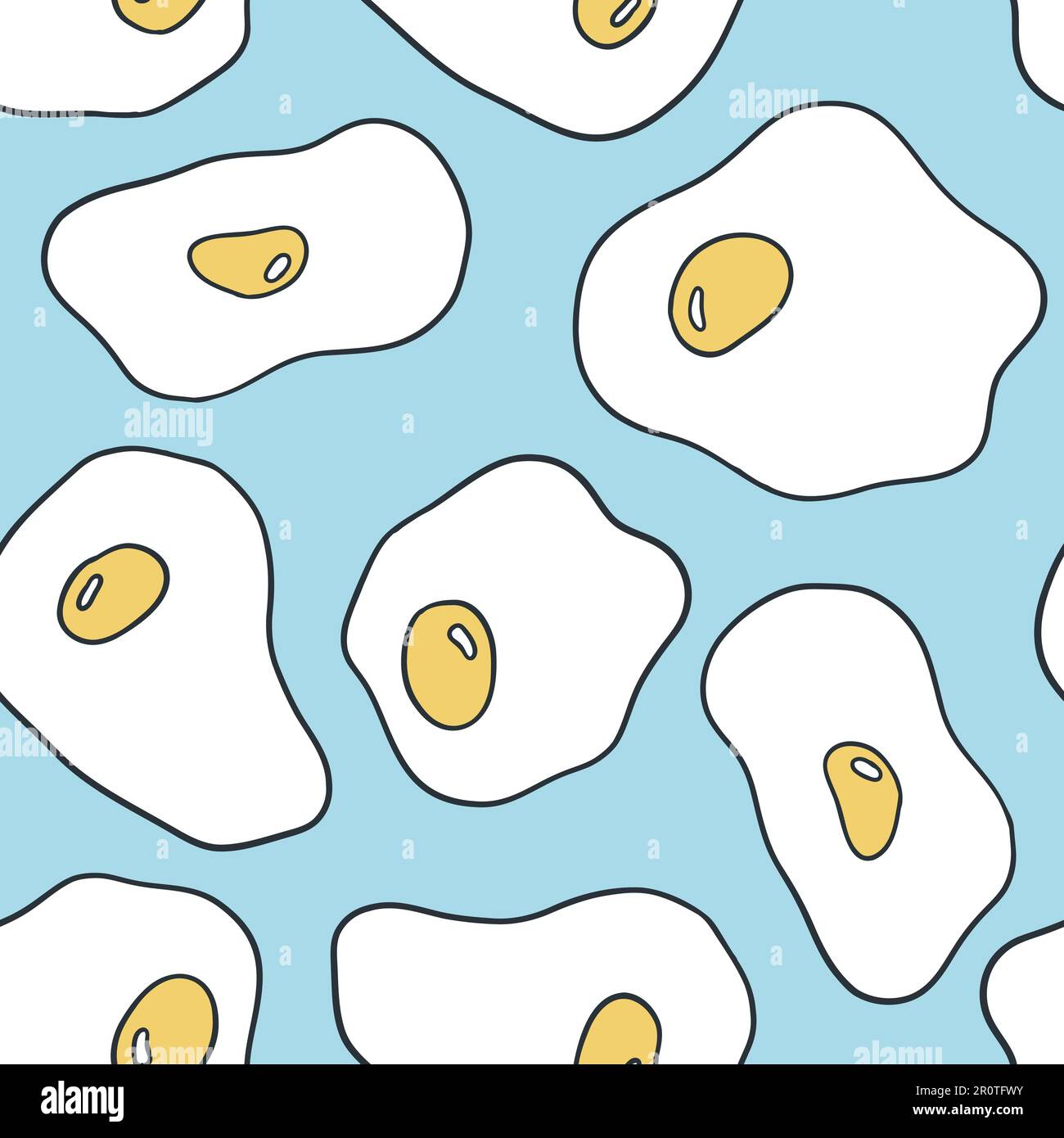 Colorful seamless pattern with fried eggs on blue background. Backdrop with tasty cooked breakfast dish, morning meal. Stock Vector