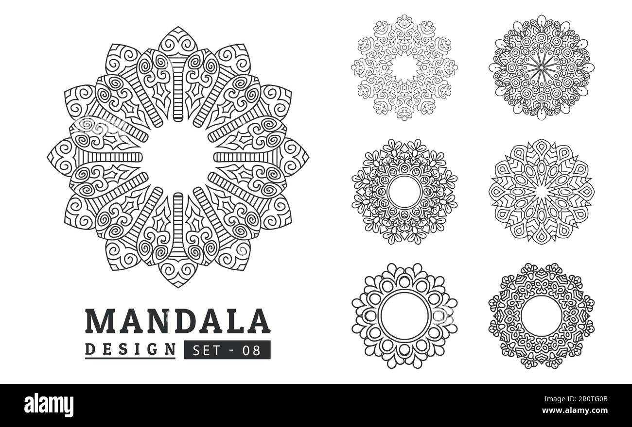 Black and white flower mandala designs set Stock Vector