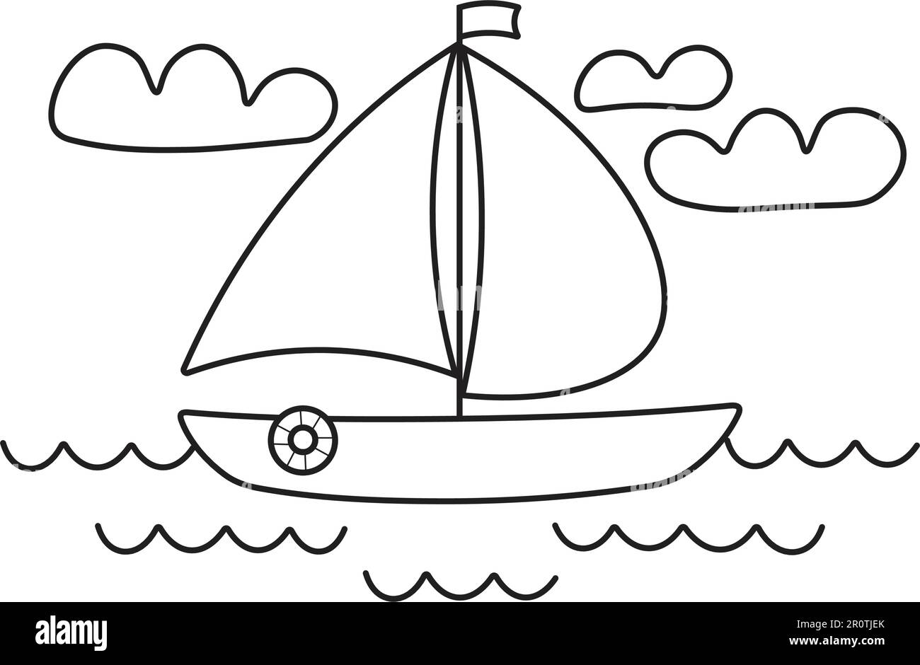 A sailboat sailing isolated on white background. Outdoor sports activity in summer holiday vacation concept. Black and white outline drawing. Stock Vector