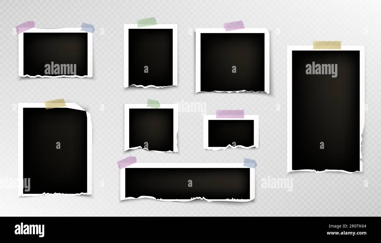 Torn photo picture. Rip paper photograph edge frame vector. Realistic