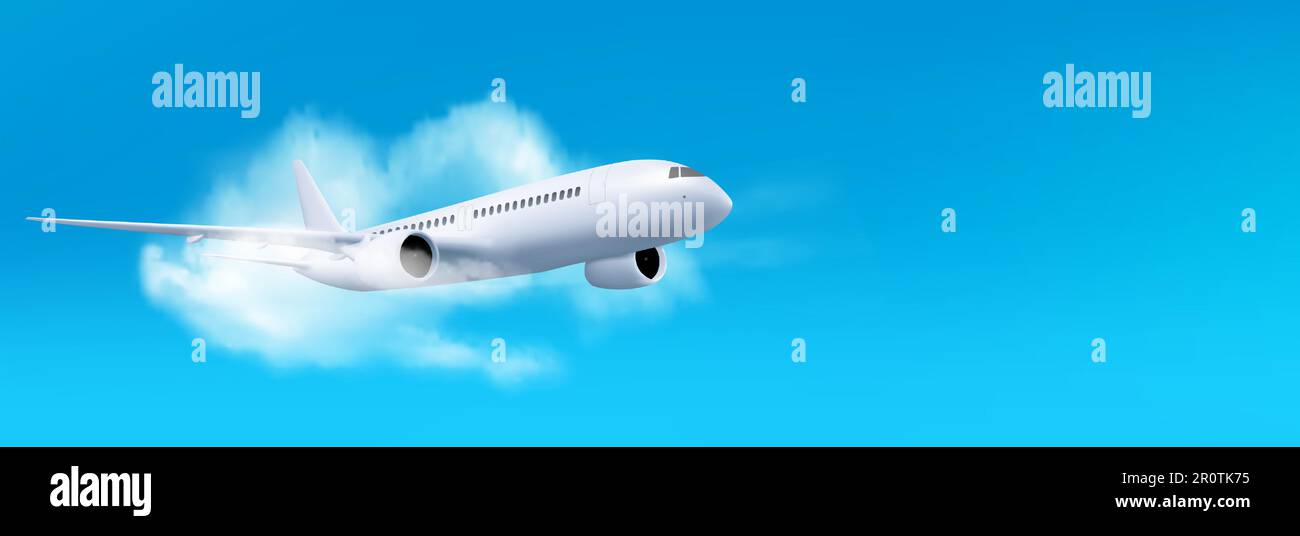 3d white airplane flying on blue sky landscape background with cloud, vector illustration, Realistic banner with blank passenger jet flight, side view, aviation concept or vacation trip ads mockup Stock Vector