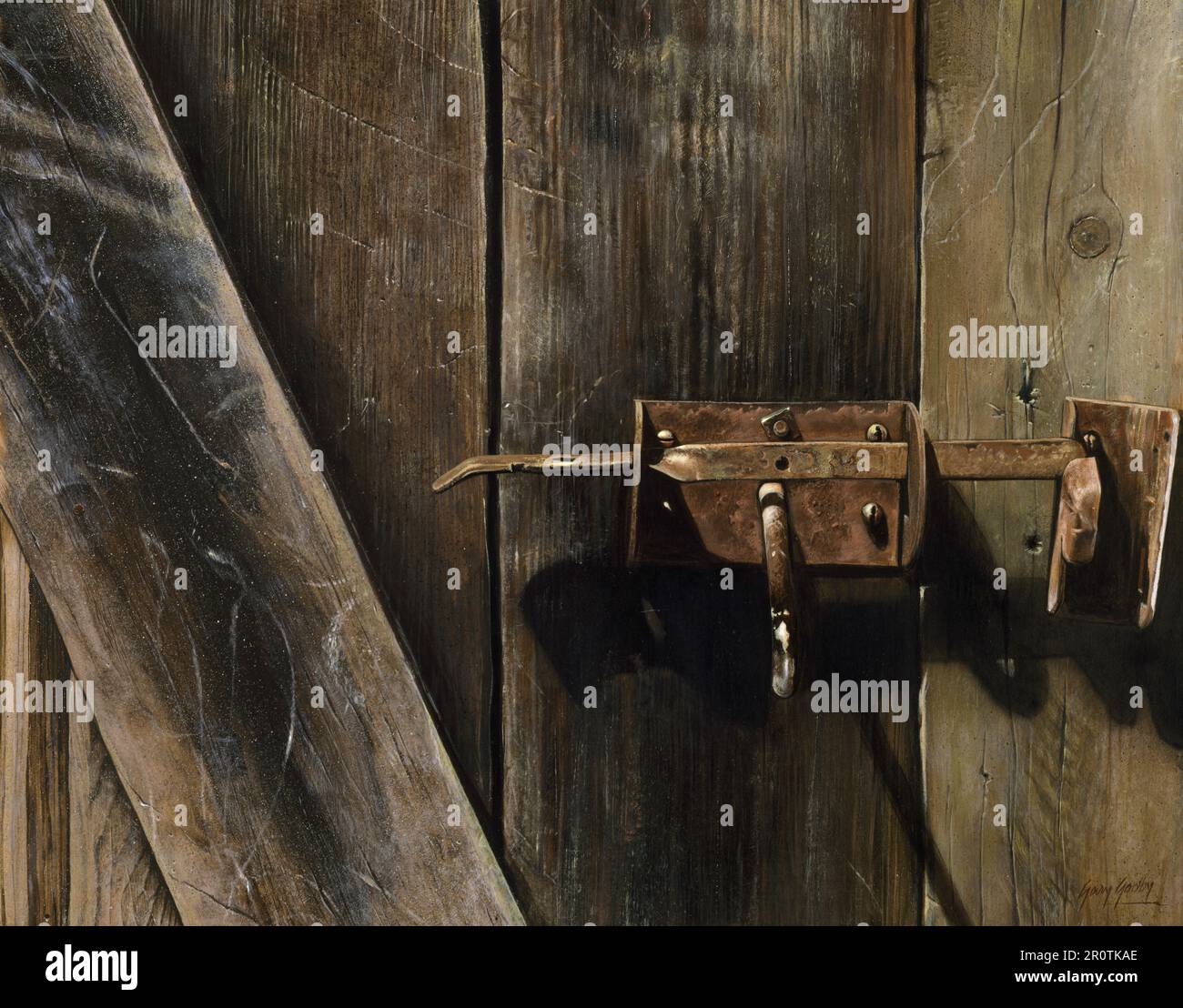 An illustration of an aged wooden door with a tarnished metal doorknob ...