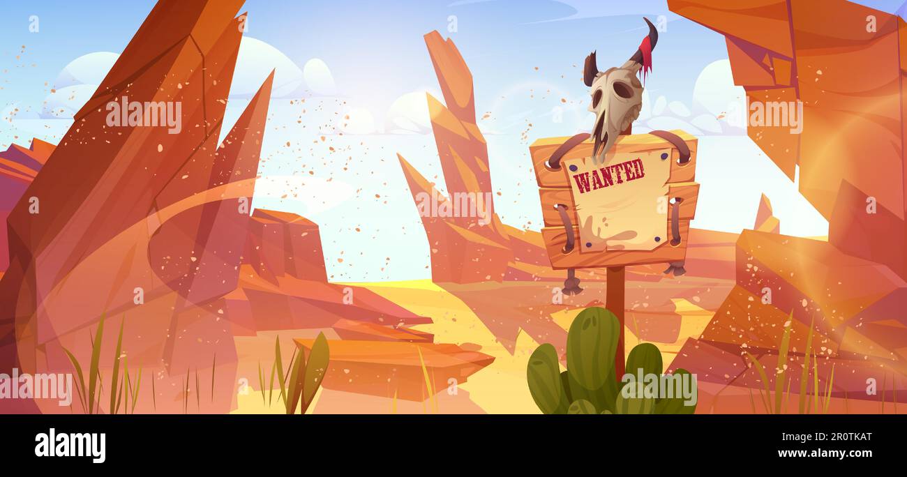 Western desert cowboy wanted sign vector landscape. Wooden game warning board with paper cartoon illustration with animal skull. Search billboard poster on pole in Texas storm wild nature scene. Stock Vector