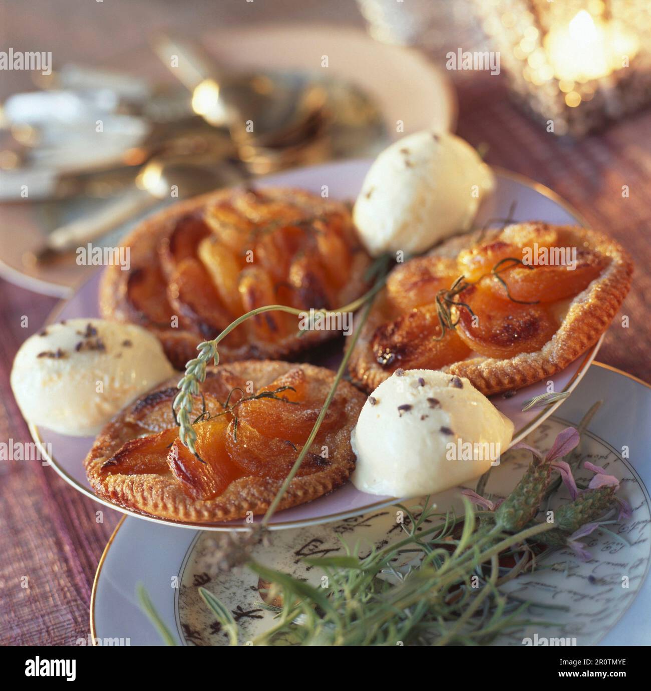 Dried apricot puff pastry tartlets with lavanda ice cream Stock Photo