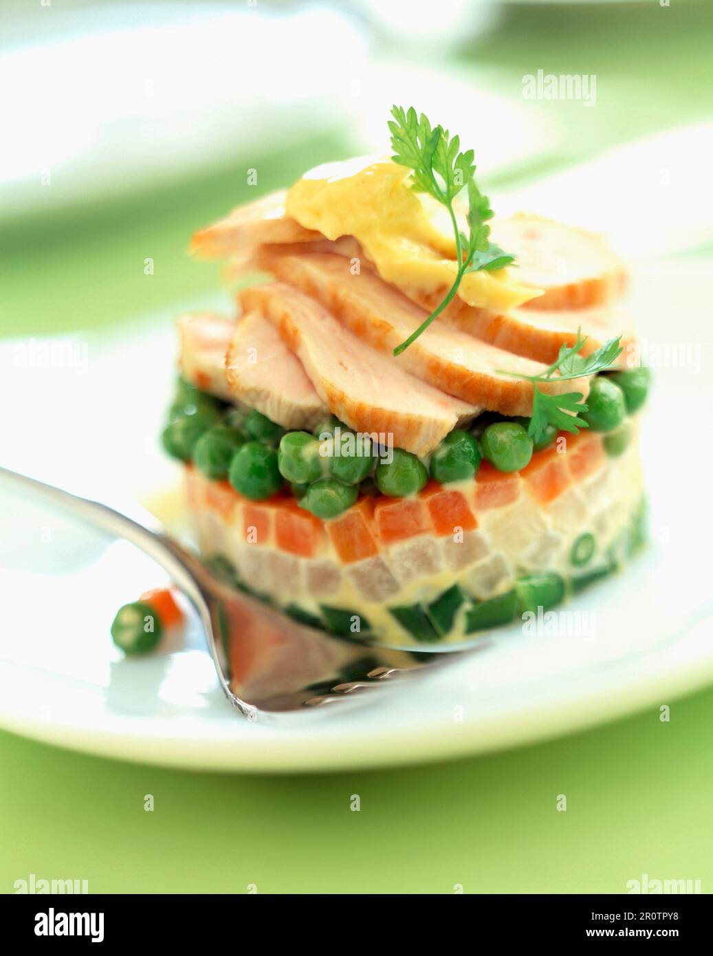 Timbale of mixed vegetables and thinly sliced chicken Stock Photo Alamy