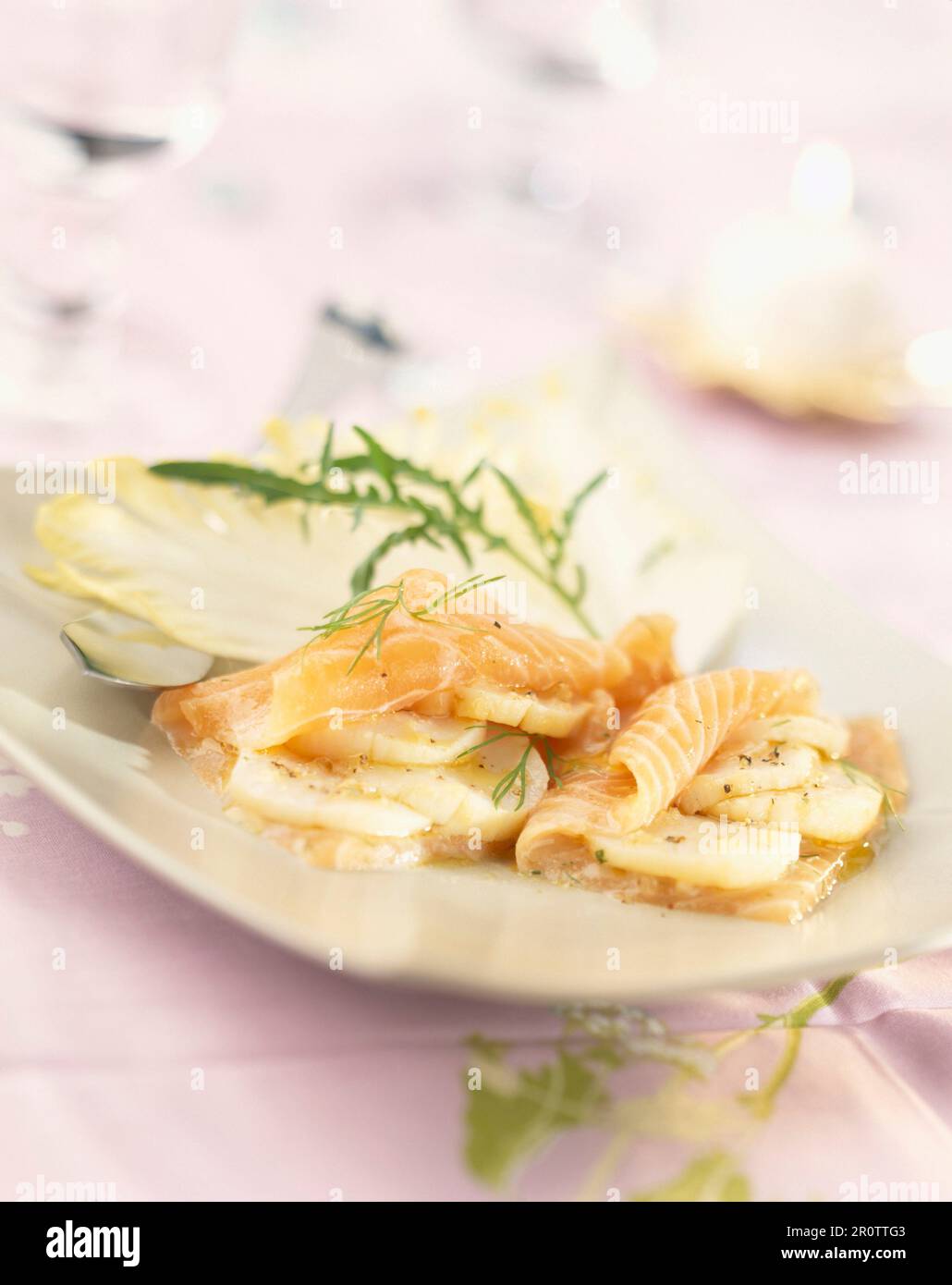 Fresh salmon carpaccio and marinated scallops Stock Photo Alamy