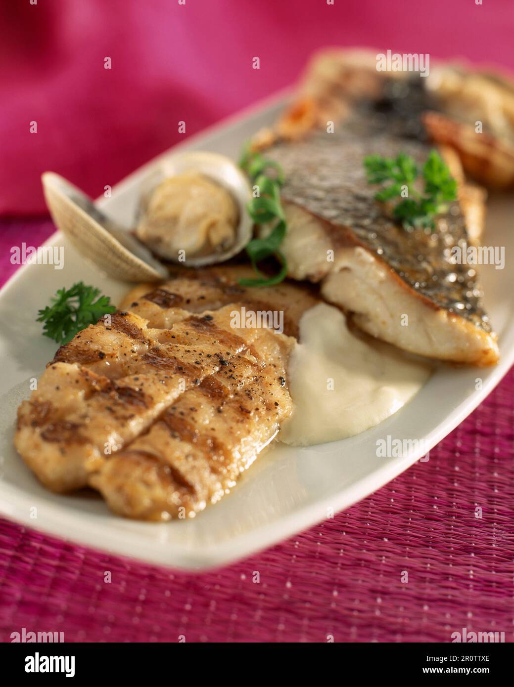 grilled sea bass with white sauce Stock Photo - Alamy