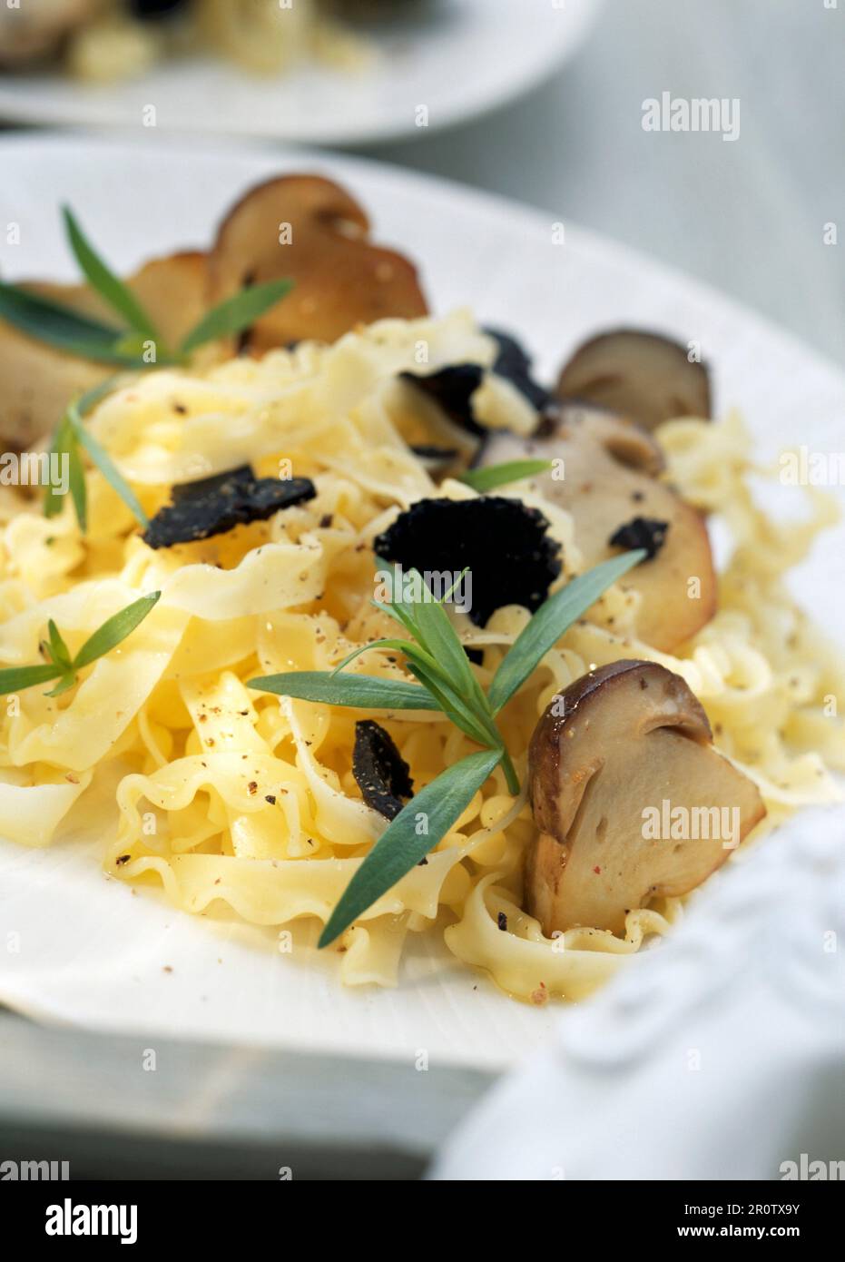 Pasta with ceps and black truffles Stock Photo