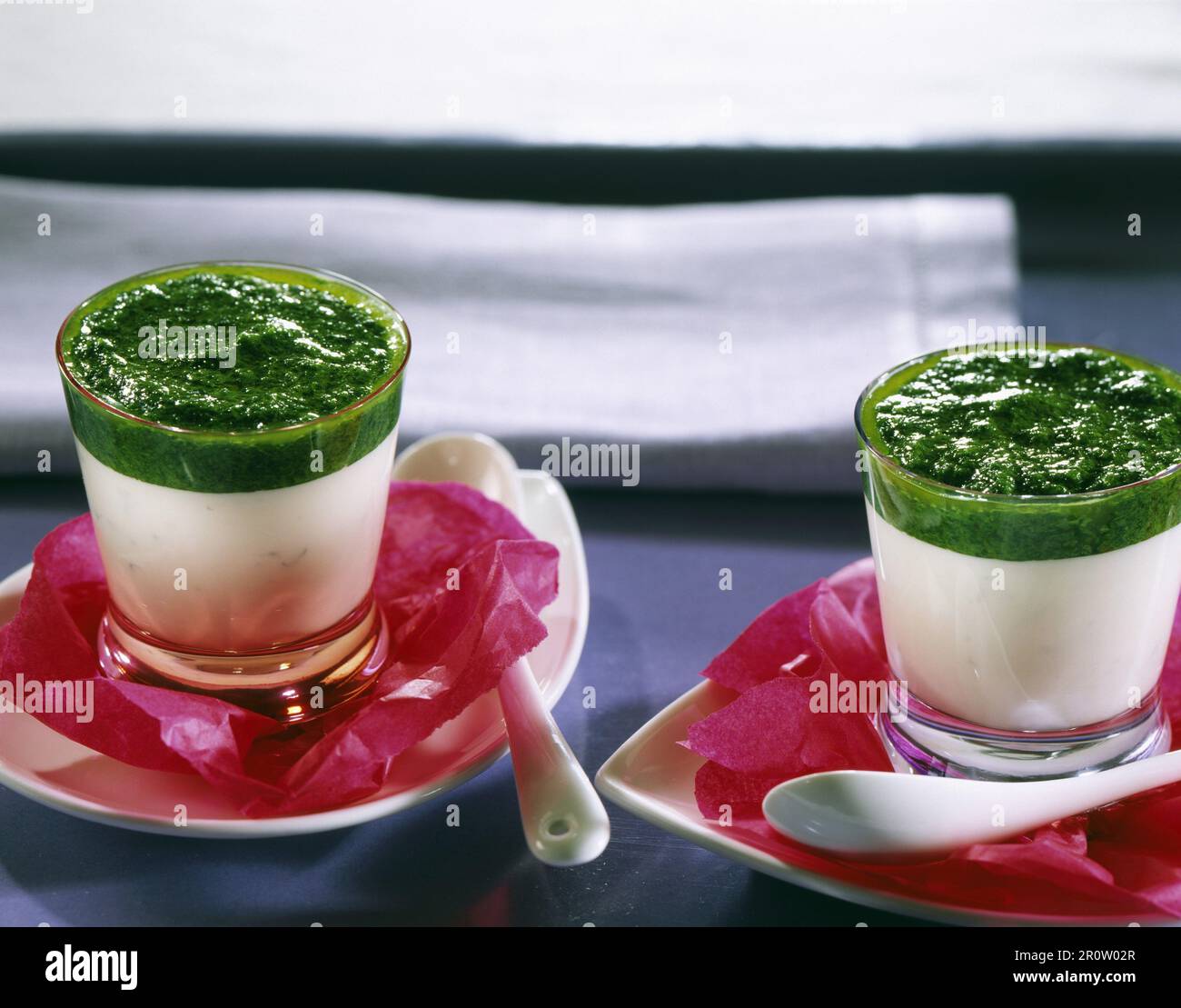Blue cheese cream and pureed rocket lettuce small Bavarians Stock Photo
