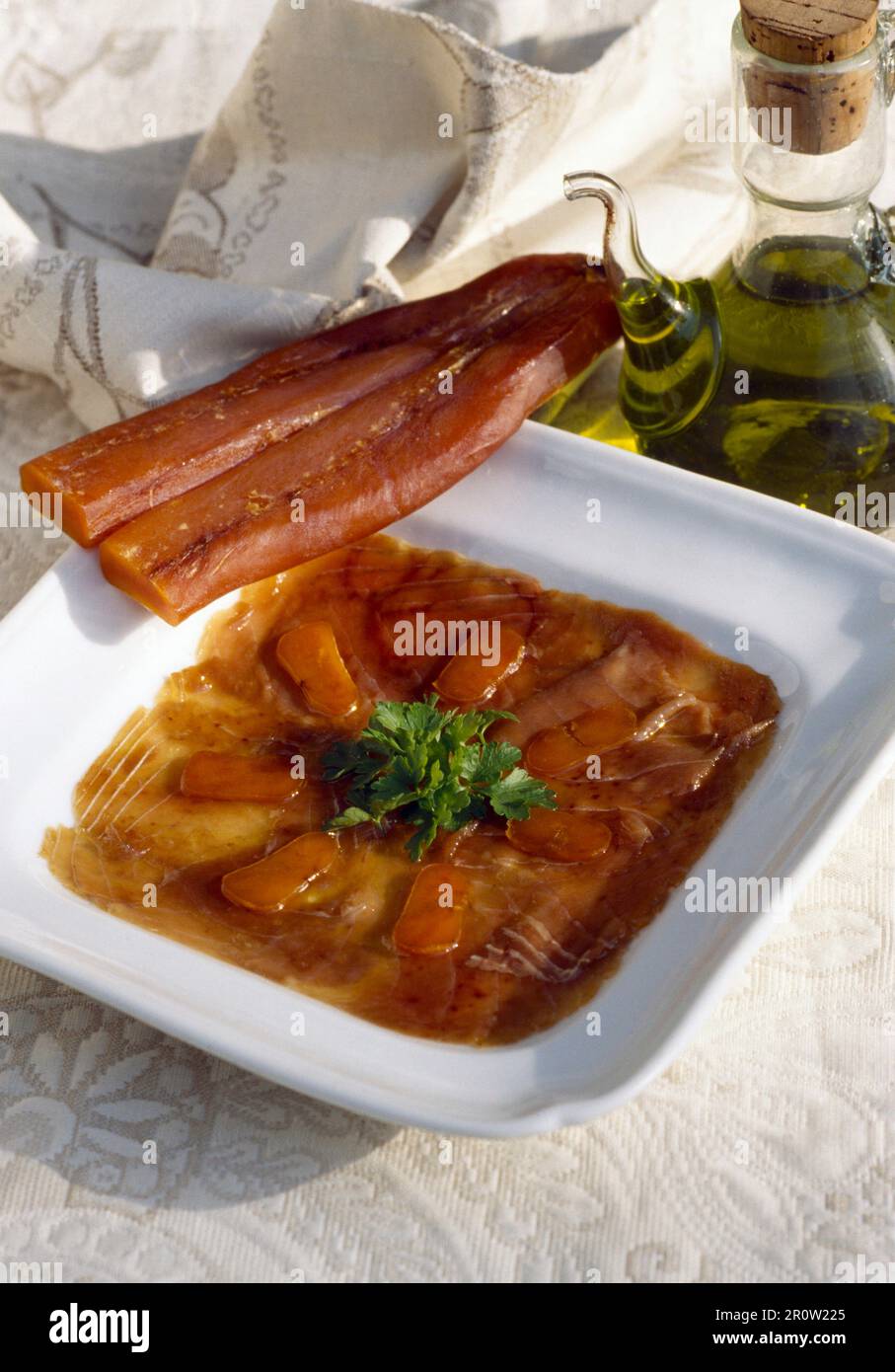 Marinated tuna fish with olive oil and poutargue (mullet roe) from Martigues Stock Photo