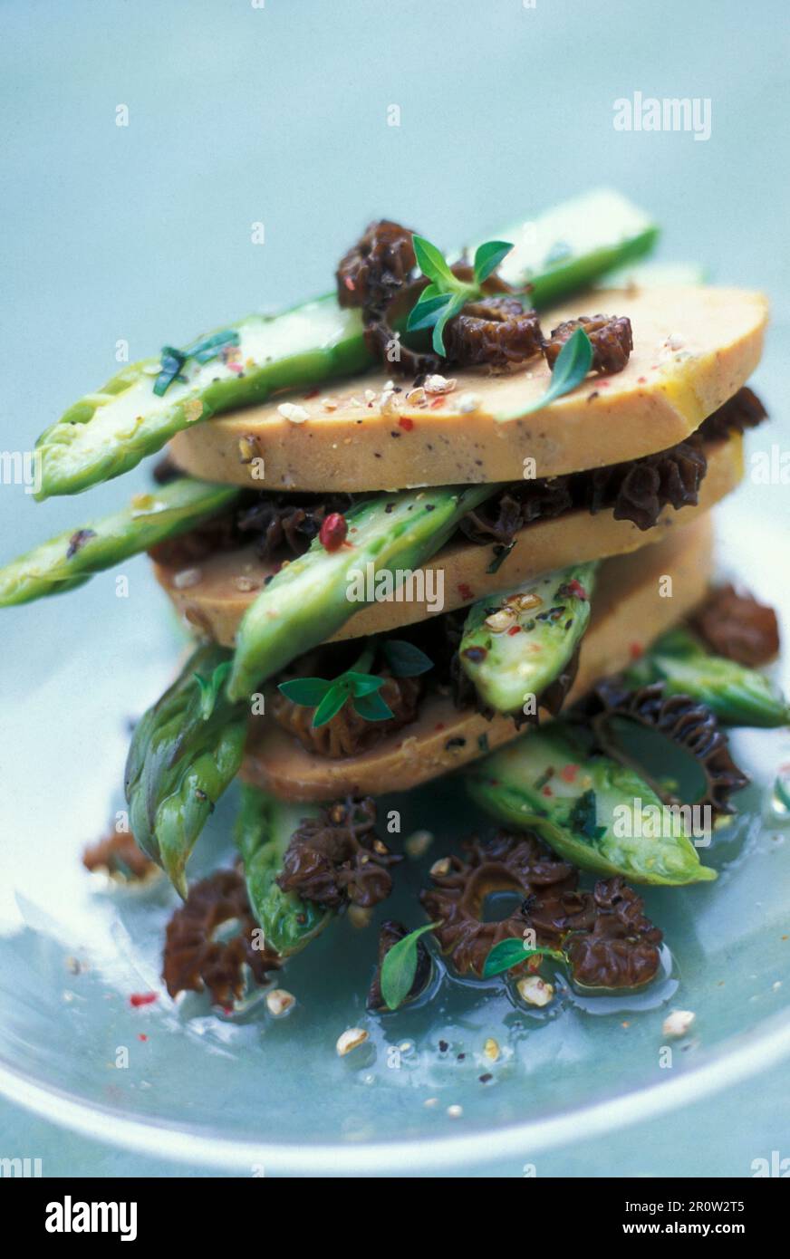 foie gras, asparagus and morel layer Stock Photo