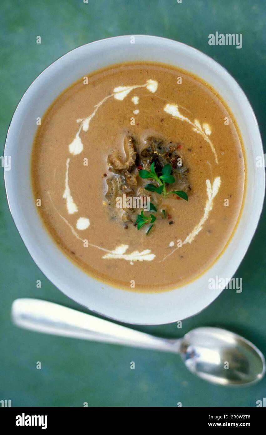Cream of morel mushrooms soup with thyme Stock Photo