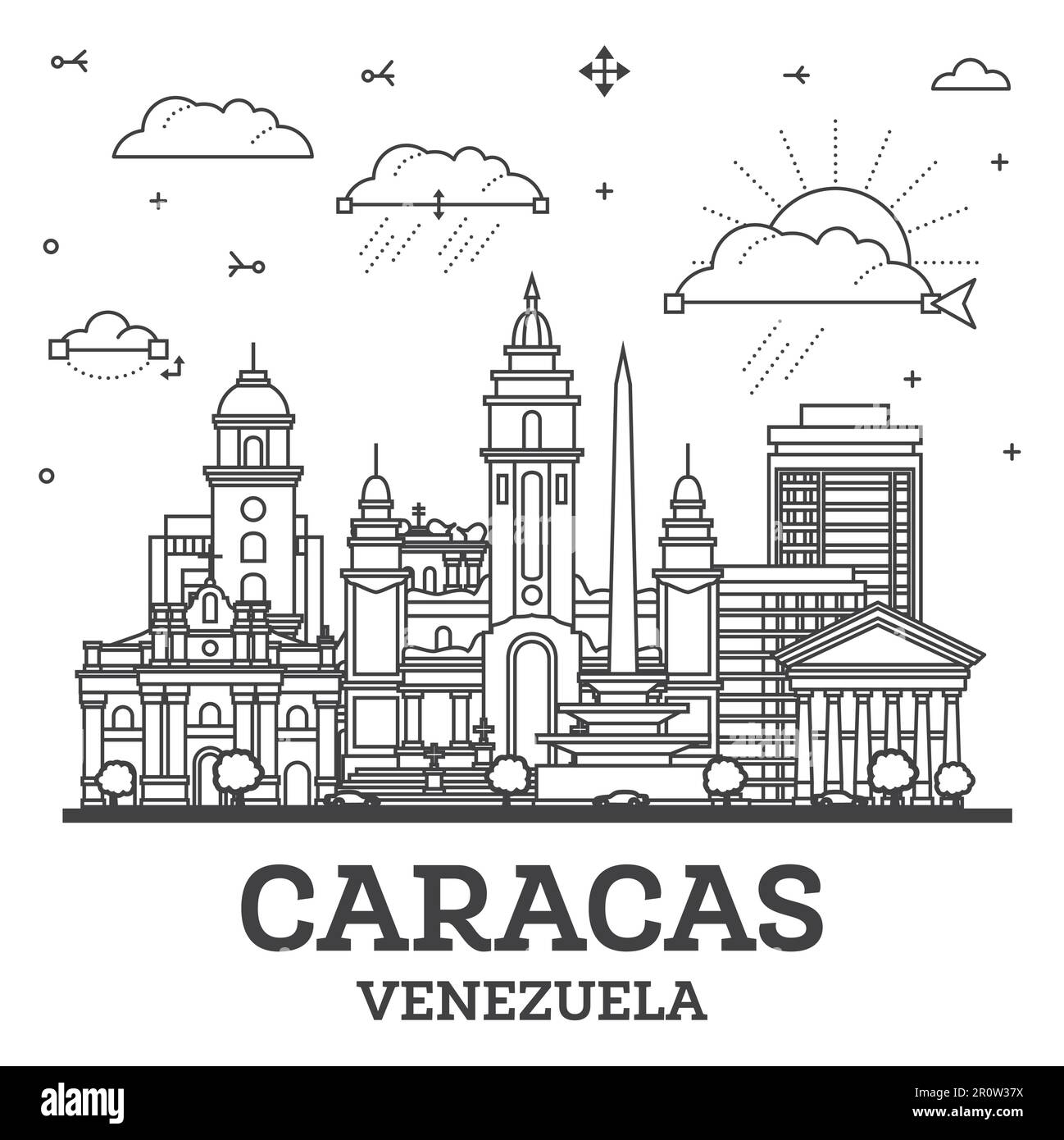 Outline Caracas Venezuela City Skyline with Modern and Historic Buildings Isolated on White. Vector Illustration. Caracas Cityscape with Landmarks. Stock Vector