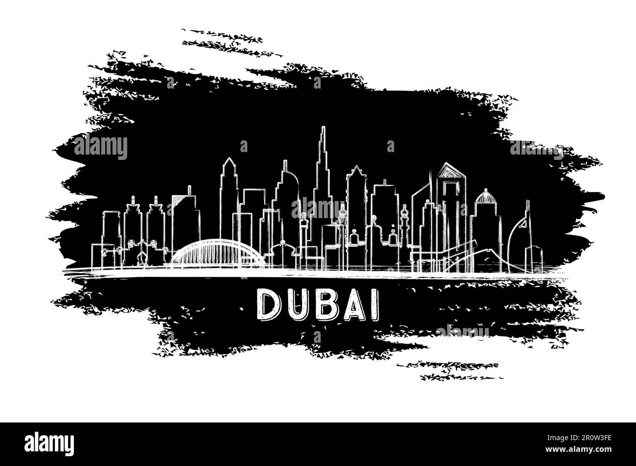 Dubai UAE City Skyline Silhouette. Hand Drawn Sketch. Business Travel and Tourism Concept with Historic Architecture. Vector Illustration. Stock Vector