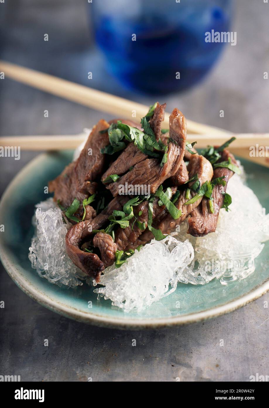 Duck sauté with coriander and angel hair pasta Stock Photo Alamy