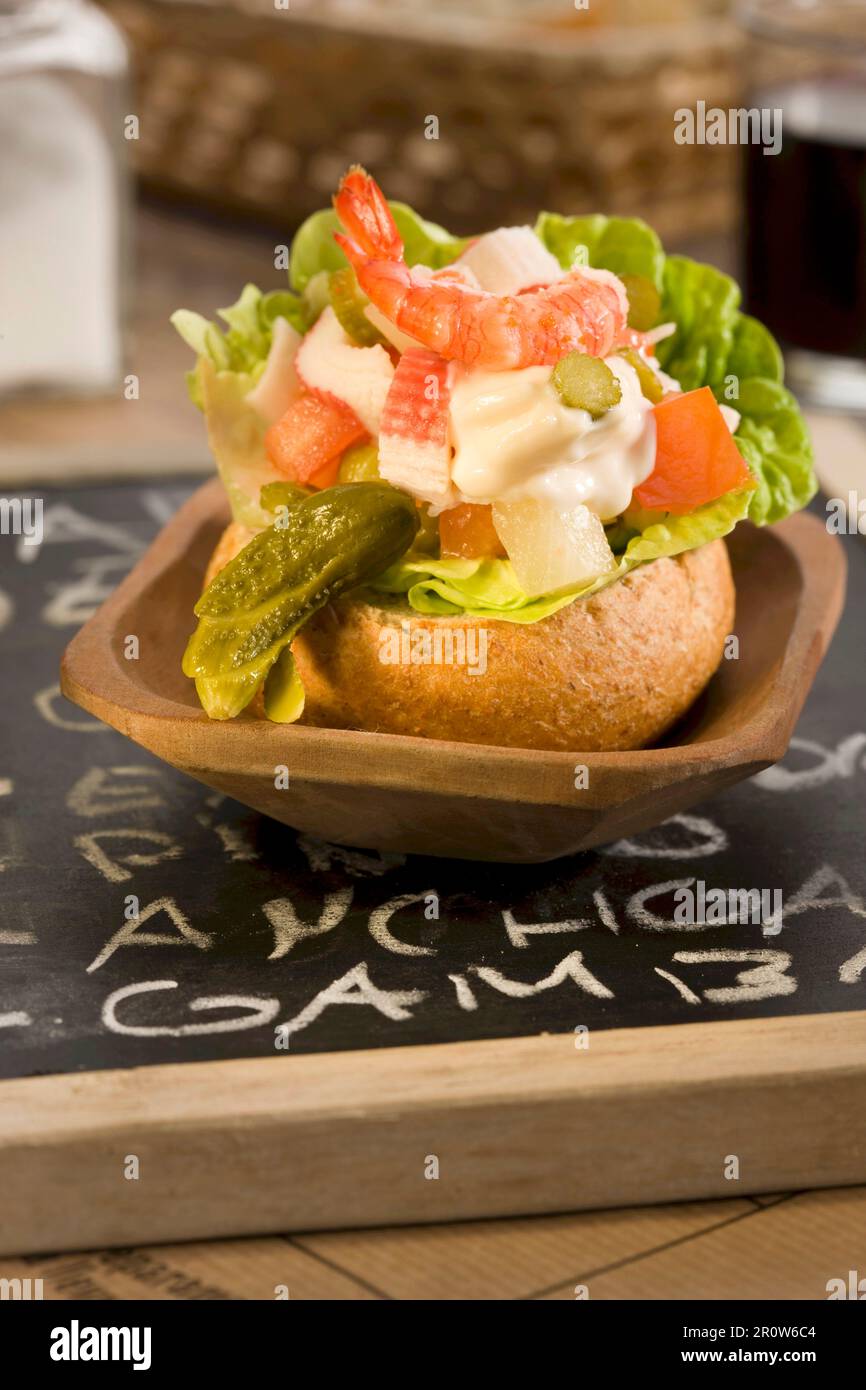 King crab and shrimp open sandwich Stock Photo
