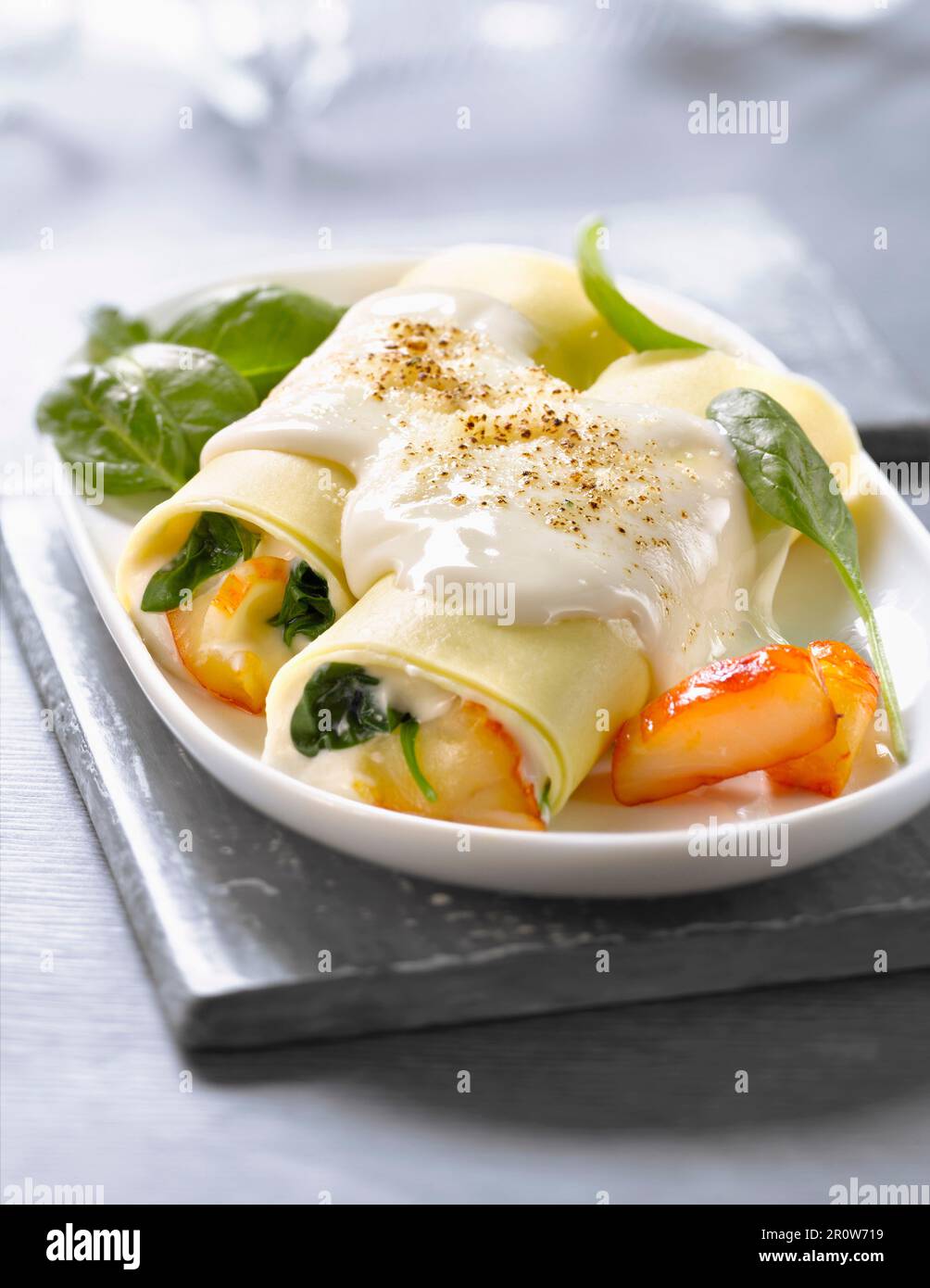 Haddock and spinach Cannellonis Stock Photo