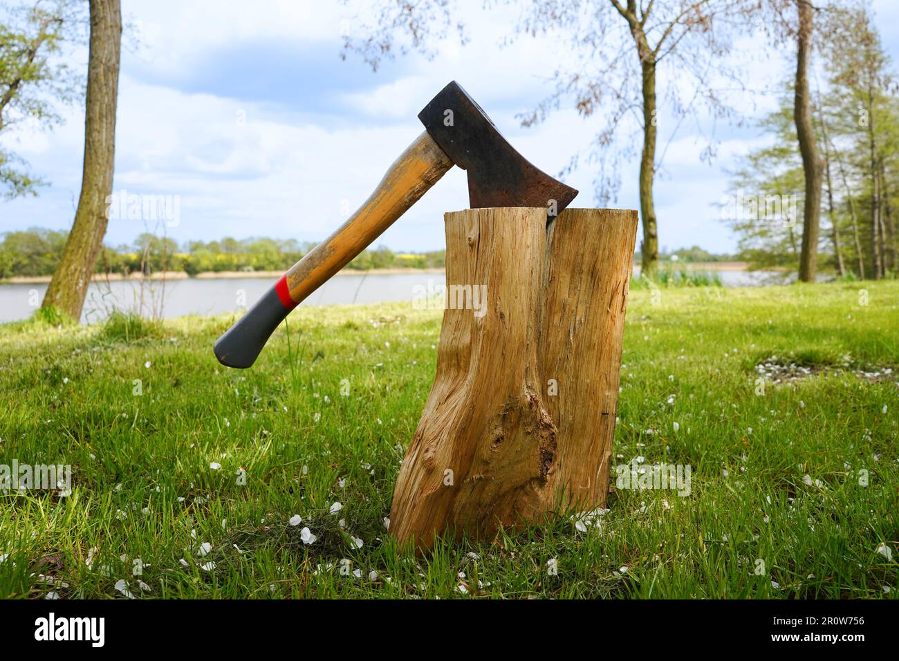 Axe in the stump. Axe impaled in the log. Lake in the background. Stock Photo