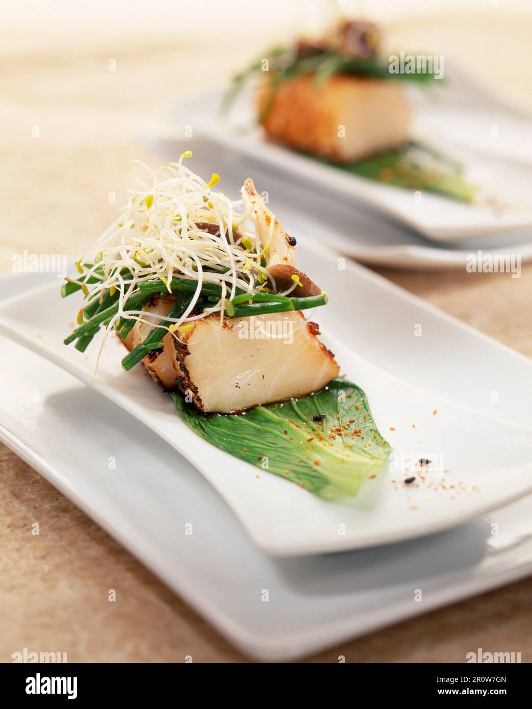 Grilled salt cod , green bean, mushroom and beansprout appetizer Stock Photo
