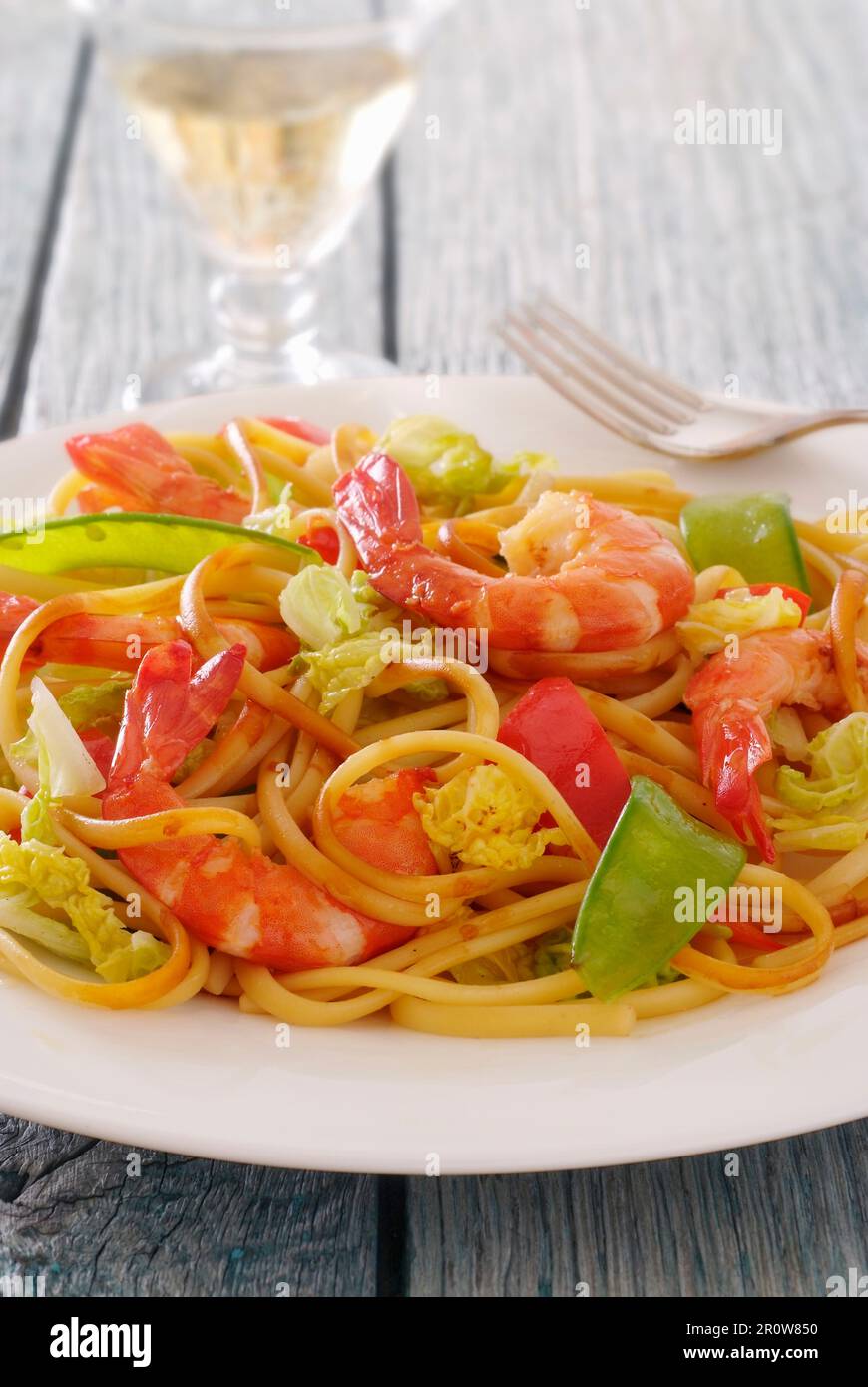Linguini with gambas Stock Photo