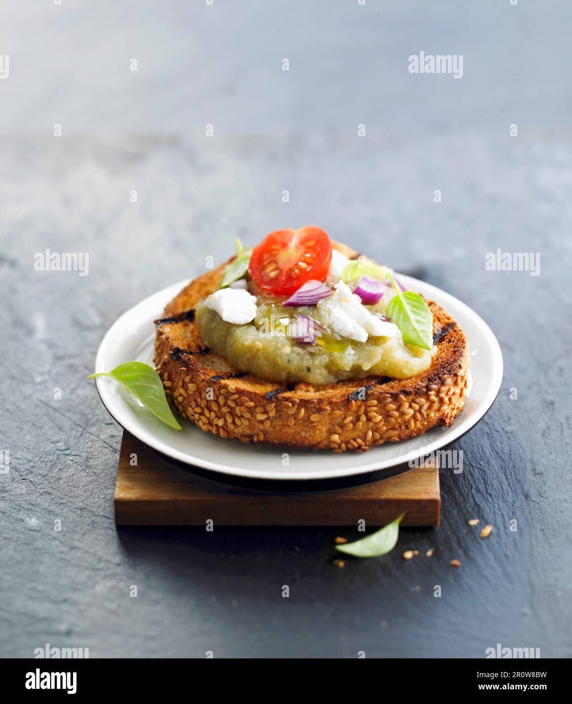 Eggplant caviar and mozzarella Crostini Stock Photo - Alamy
