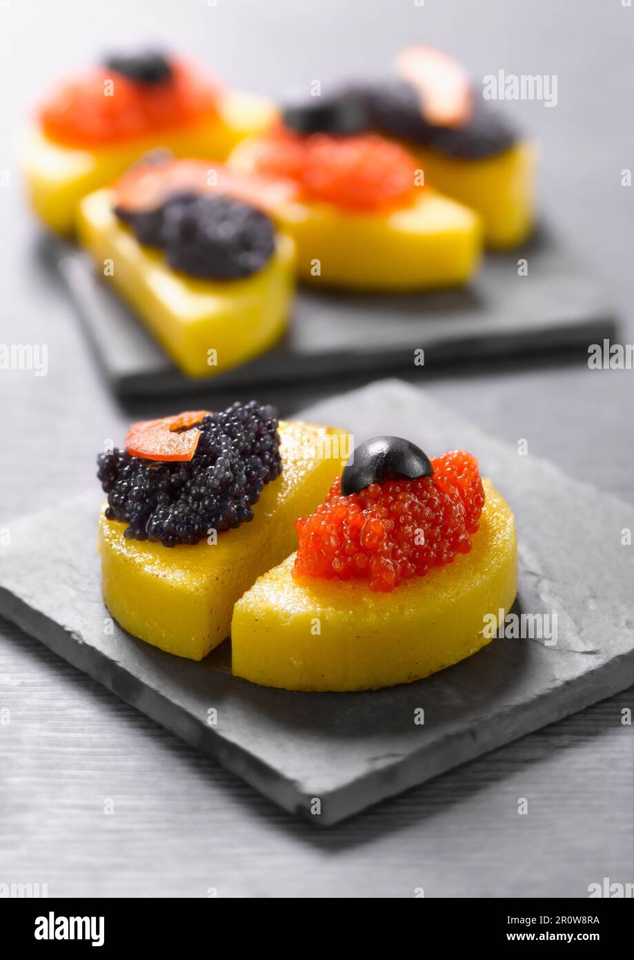 Polenta with lumpfish roe appetizers Stock Photo