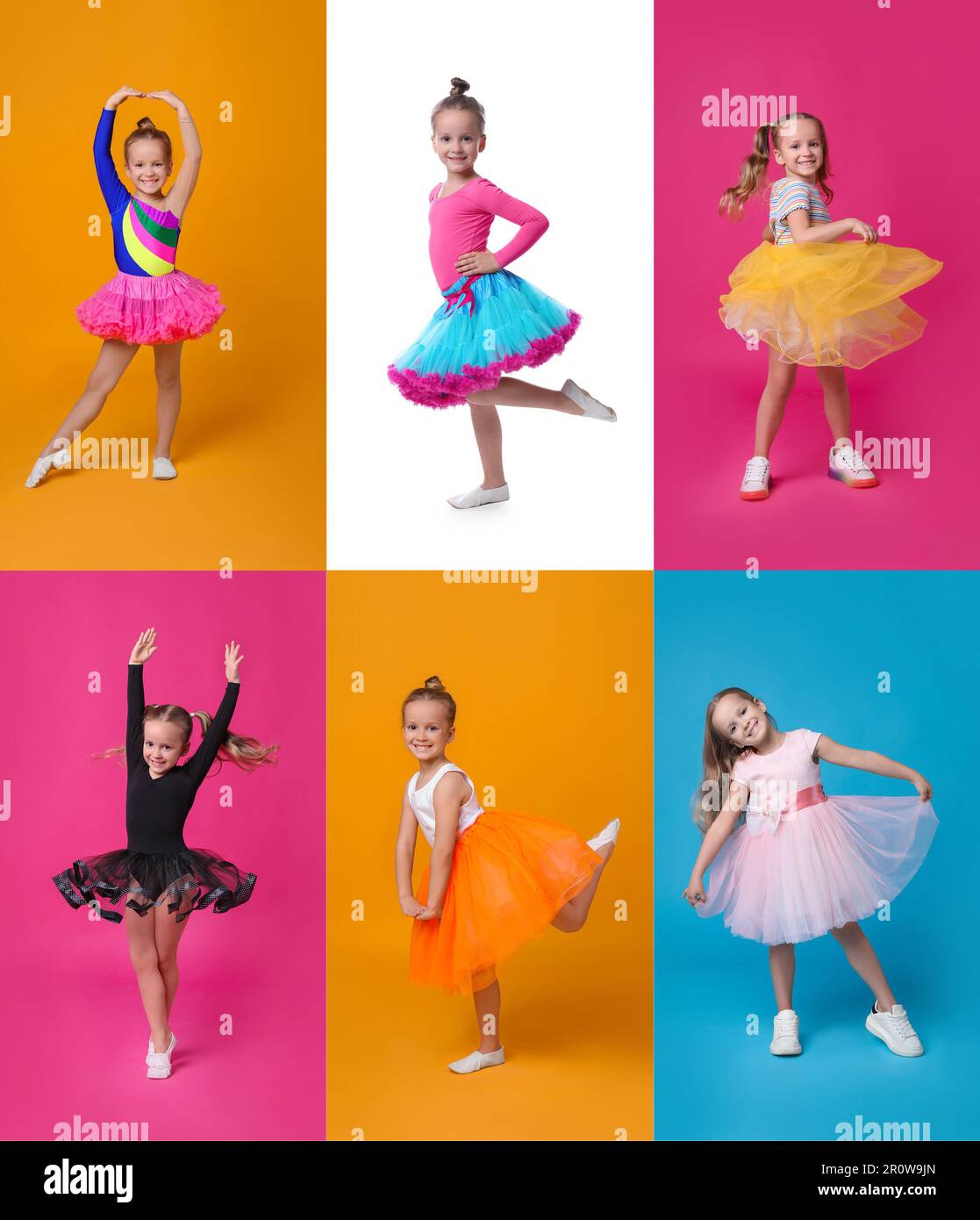 Collage with photos of cute little girl dancing on different color