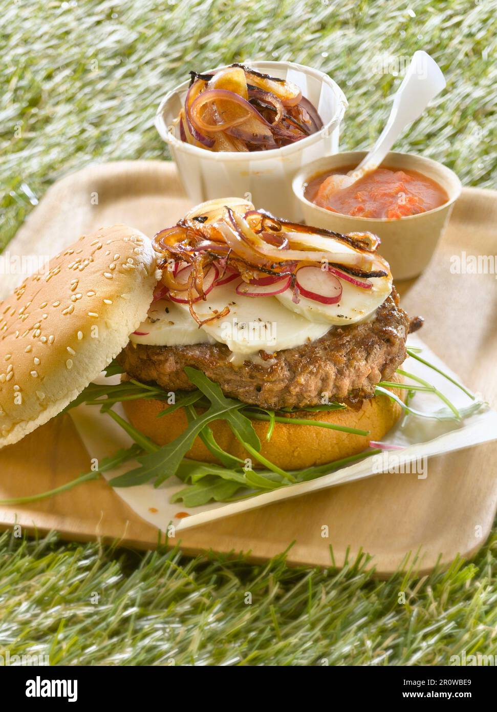 Goat's cheese and onion hamburger Stock Photo Alamy