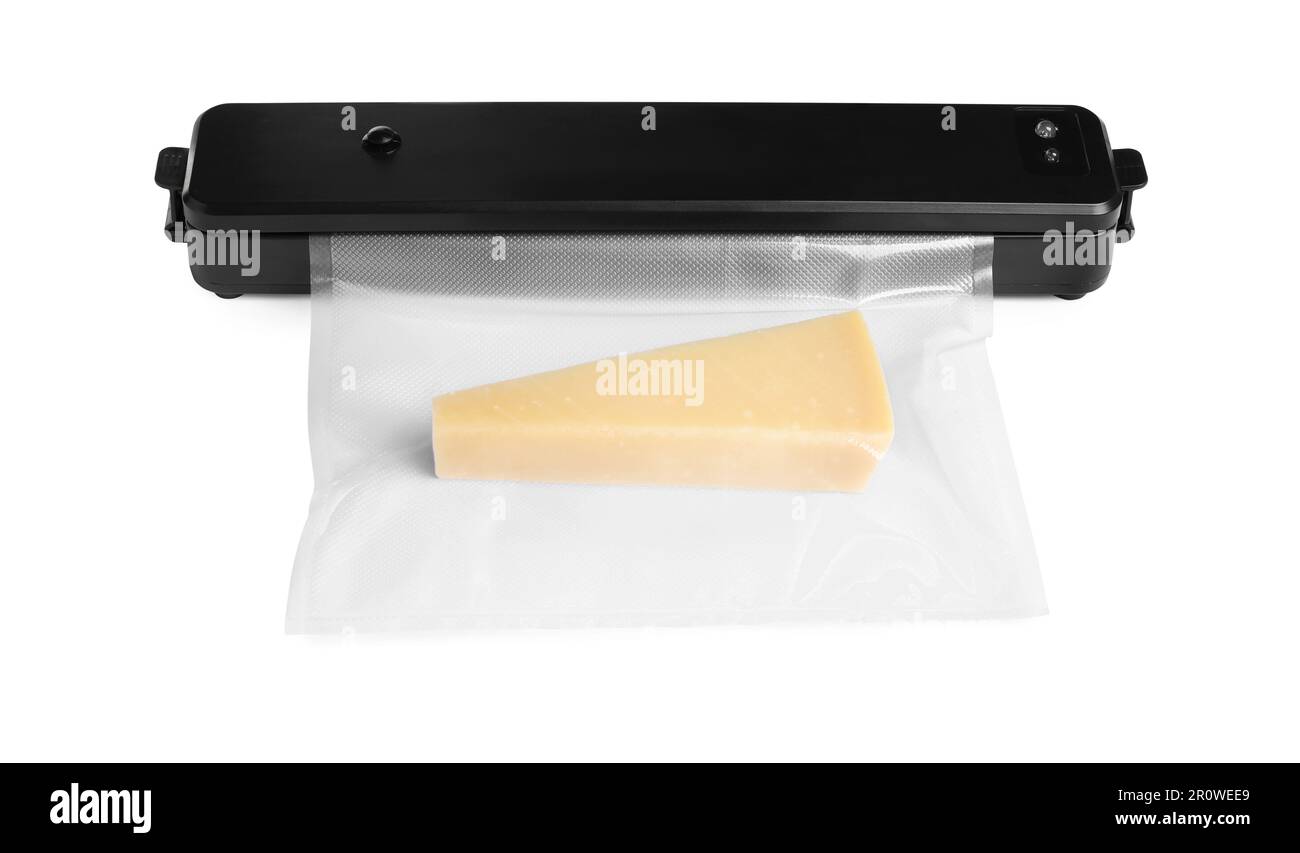 Vacuum packing sealer and plastic bag with cheese on white background