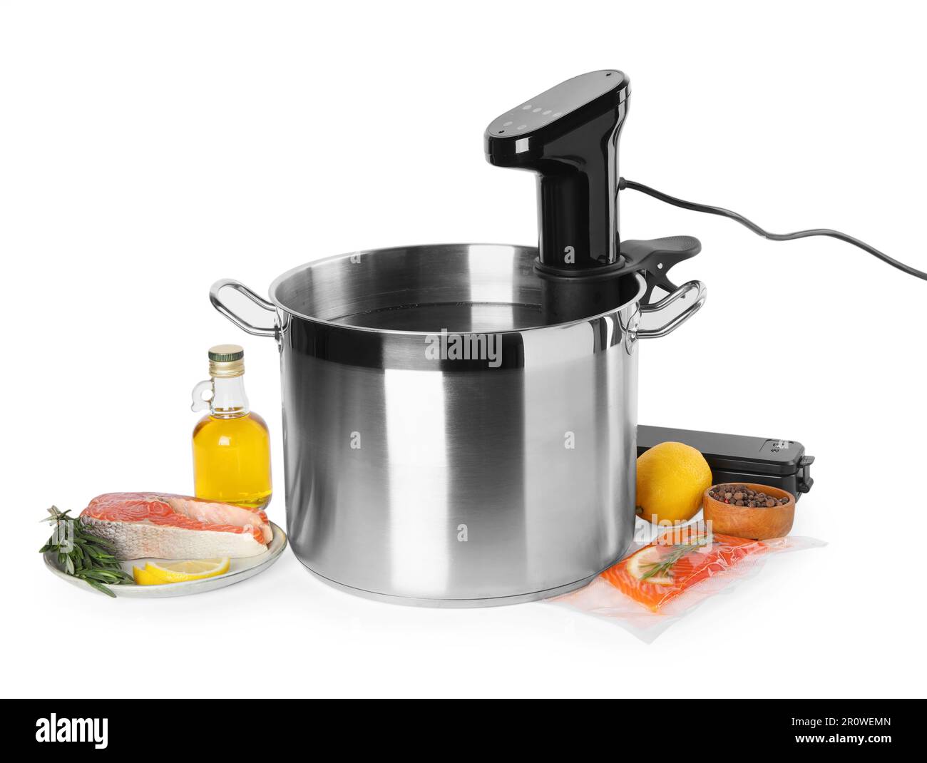 Thermal immersion circulator in pot and ingredients on white background. Sous vide cooking Stock