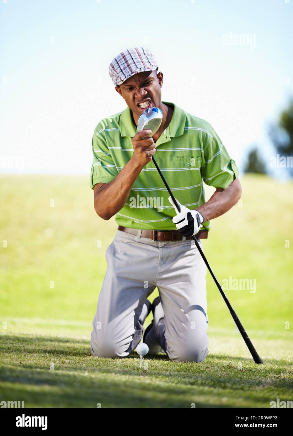 Sports, golf and black man with anger for loss in game, match and  competition on golfing course. Recreation, hobby and upset, angry and mad  male Stock Photo - Alamy