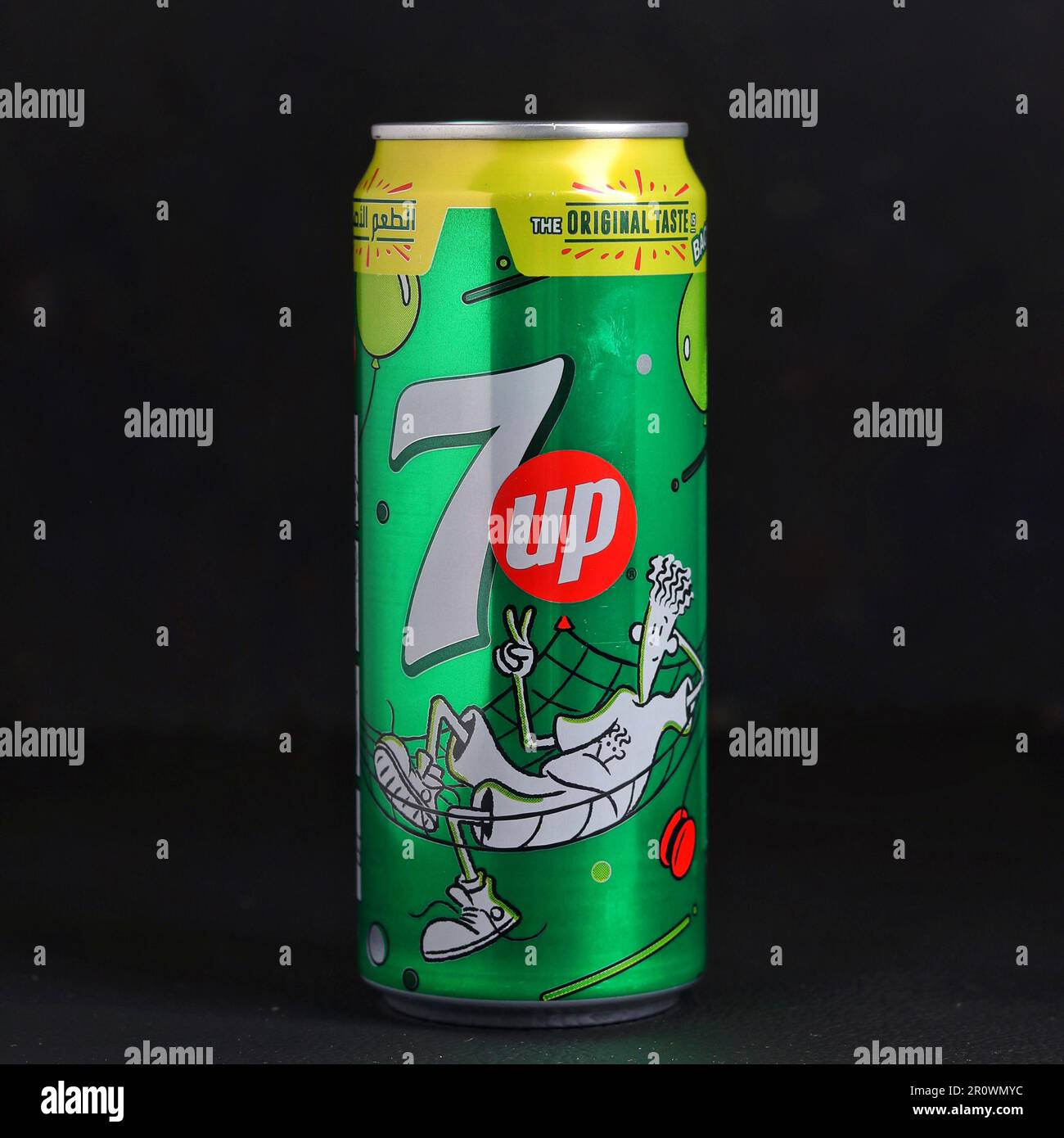 Oman, Muscat - May 10, 2023: 7up CLASSIC in one aluminum can  isolated black background. 7up is popular refreshing carbonated soft drink Stock Photo