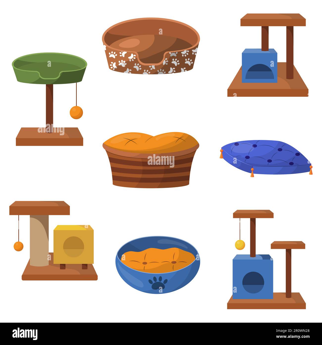 A set of sun beds and scratching posts for animals. Vector illustration. Stock Vector