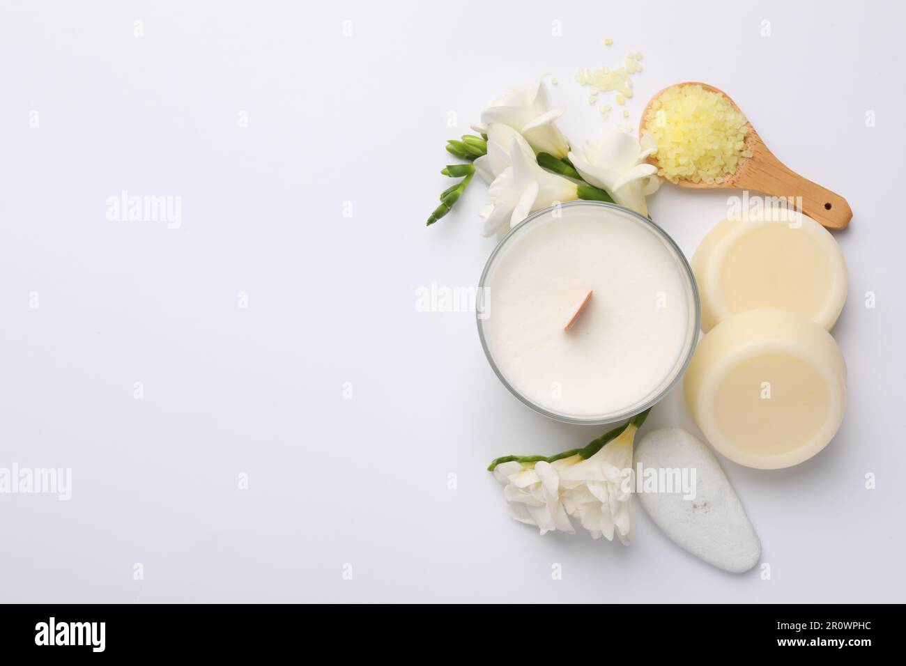 Flat lay composition with different spa products on white background ...
