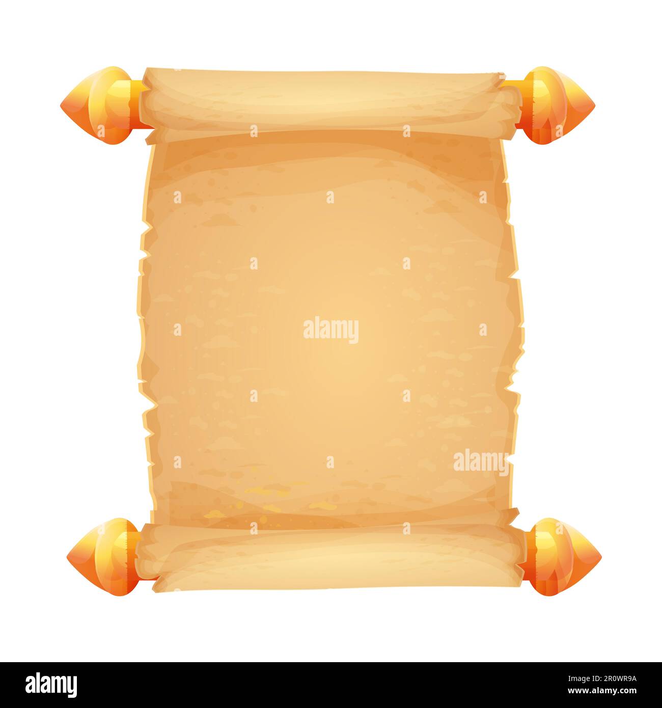 Parchment Scroll, antique paper with golden handles, empty sheet, document textured, aged in cartoon style isolated on white background. Vector illustration Stock Vector