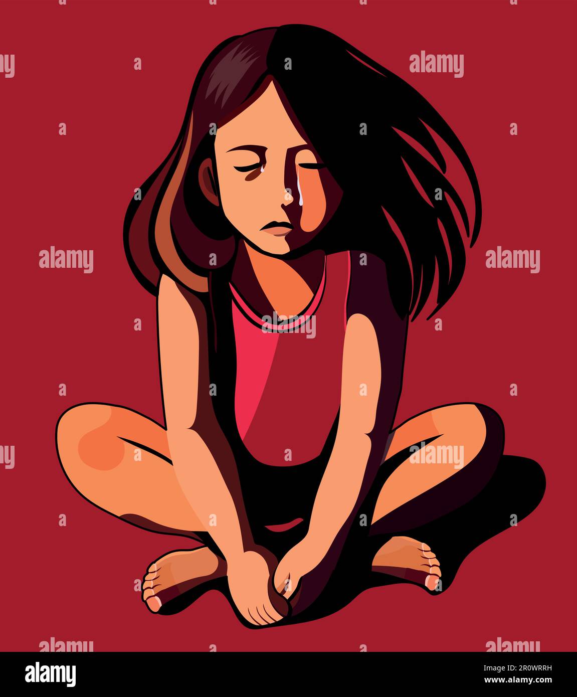 Child abuse, social problems, bullying, little girl with crossed legs crying helpless. Problems in the family. Violence against minors Stock Vector